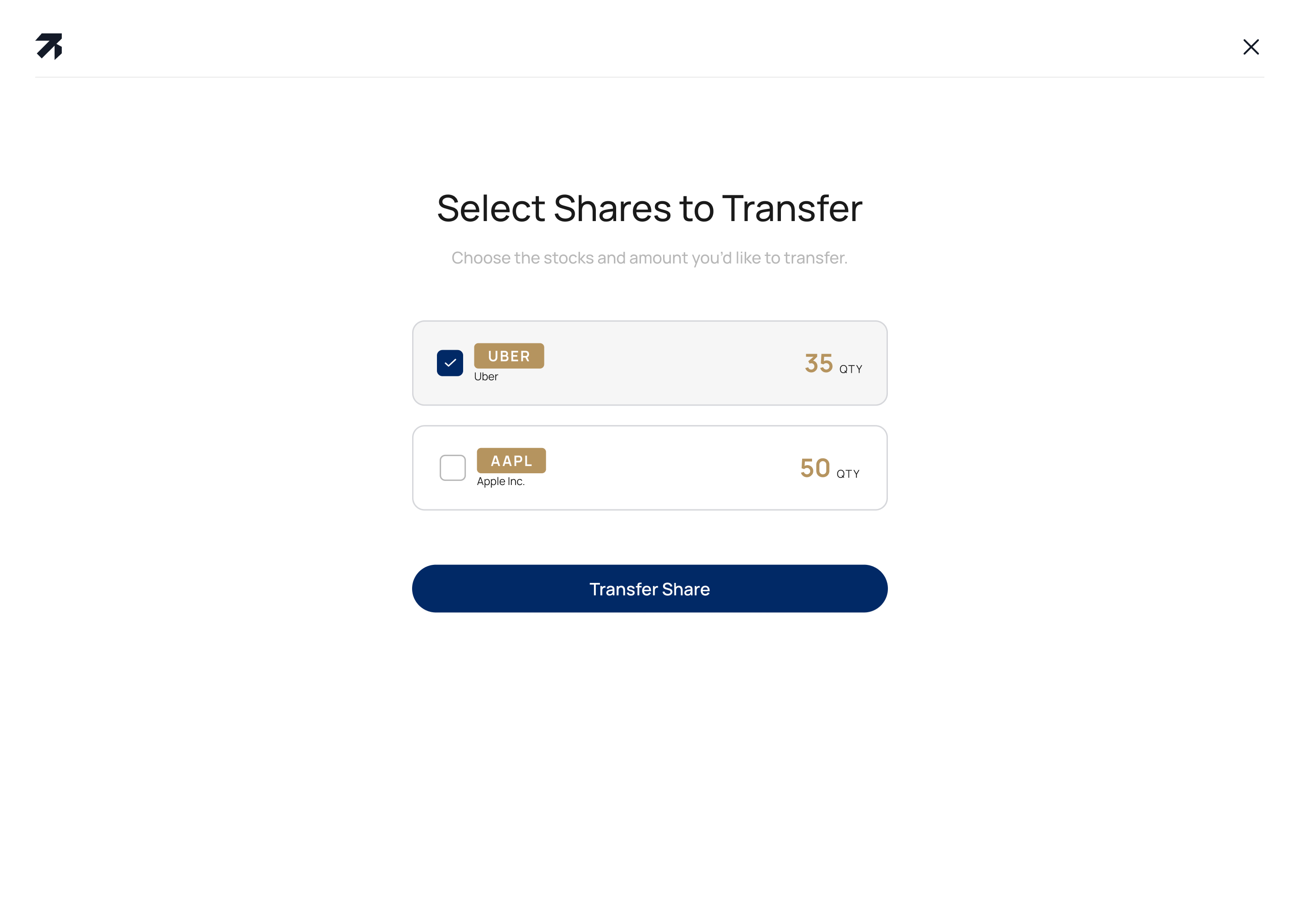 Share selection screen for transferring stocks